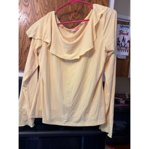 Bogari Womens Pastel Yellow Ruffle Scoop Neck Long Sleeve Top Large USA Made